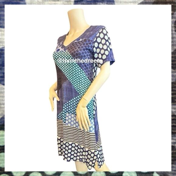 NWT David Cline V-Neck Short Sleeve T-Shirt Dress SZ Small Blue Dot $119 - Picture 3 of 16